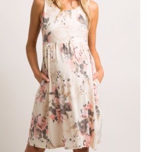 Pink blush maternity, ivory floral dress. SZ M